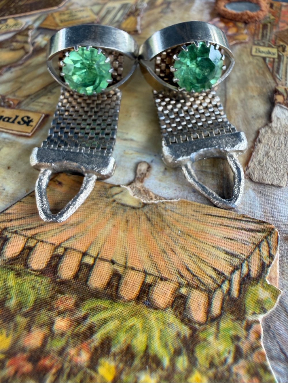 Gold-Tone Vintage Cufflinks with Green Gemstone Centers